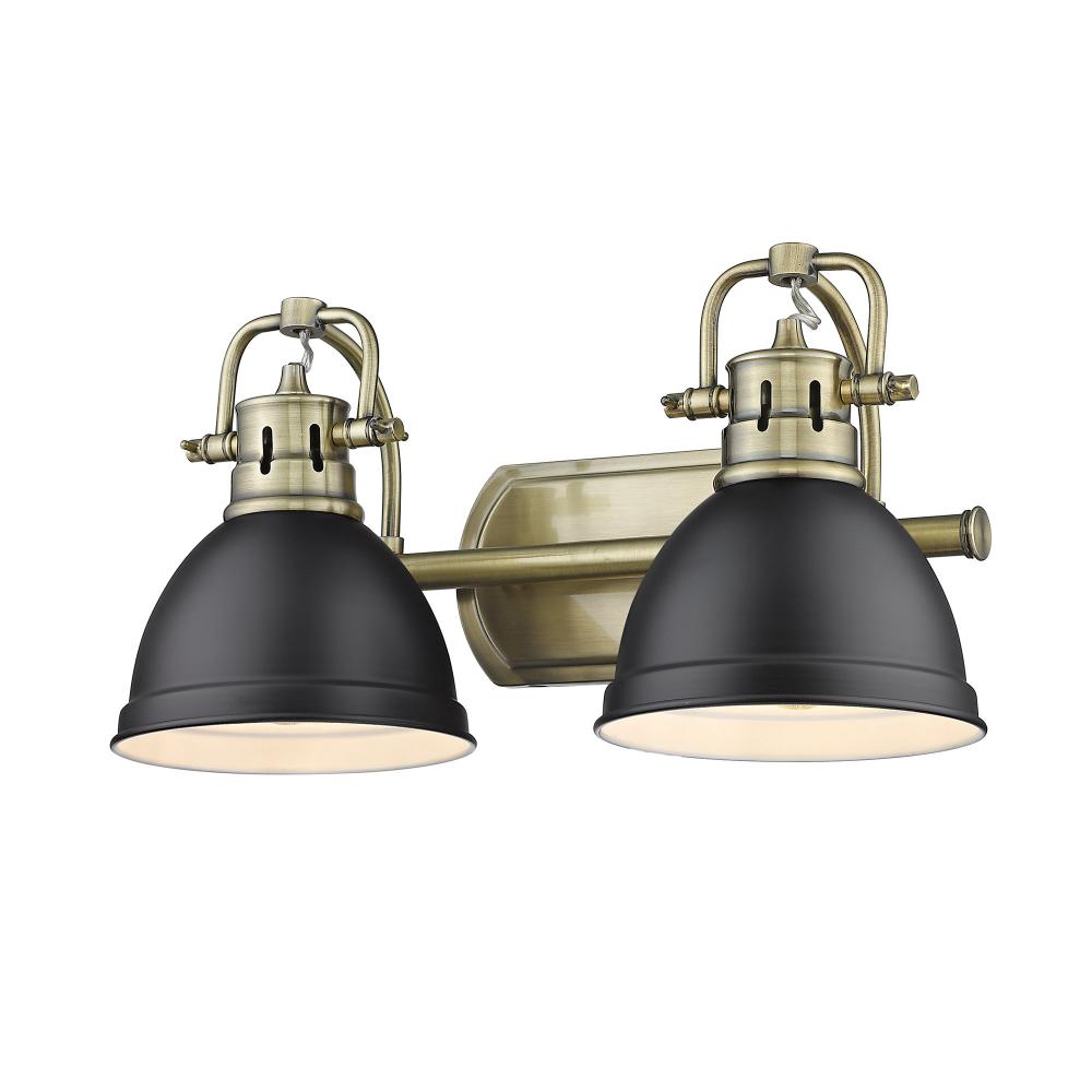 Duncan 2 Light Bath Vanity in Aged Brass with Matte Black Shades