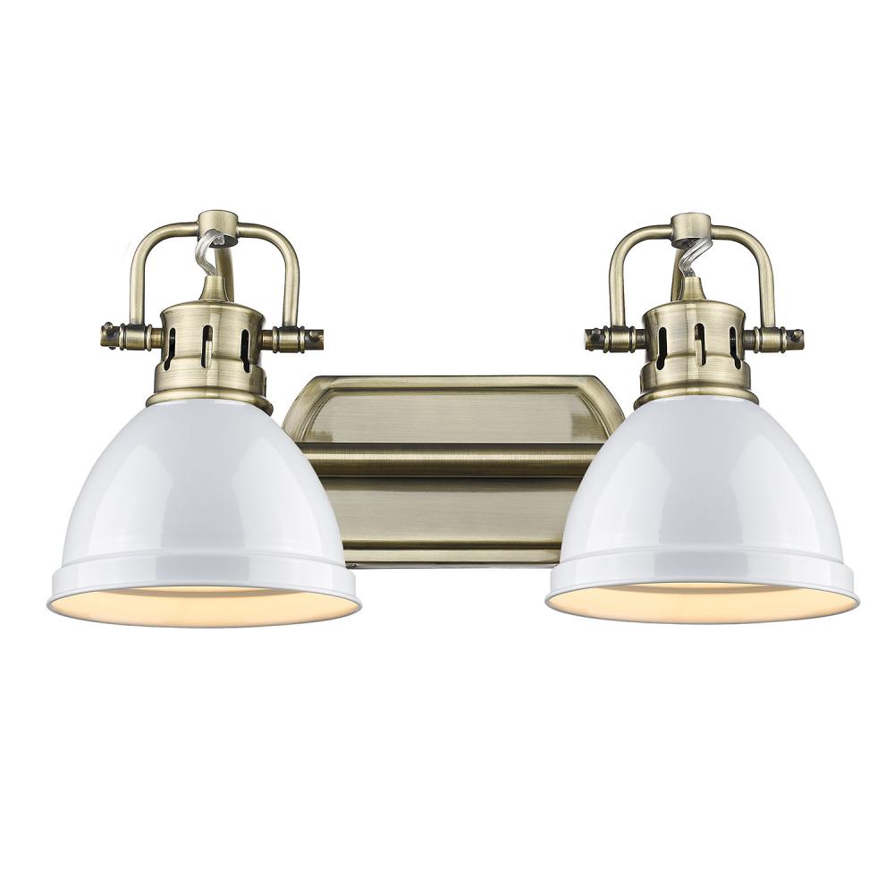 Duncan 2 Light Bath Vanity in Aged Brass with White Shades