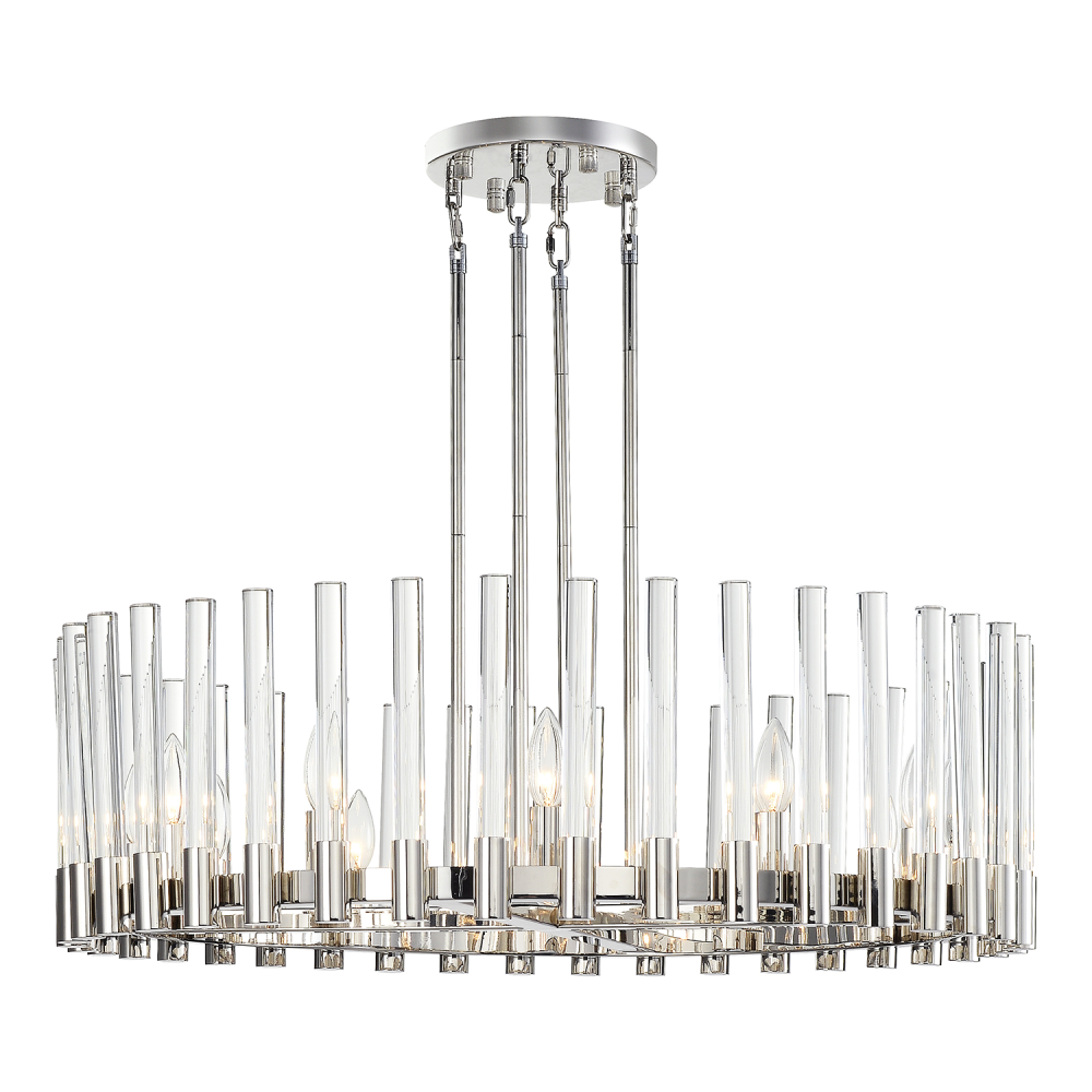 12-Light 32" Round Polished Nickel Wheel Styled Glass Chandelier