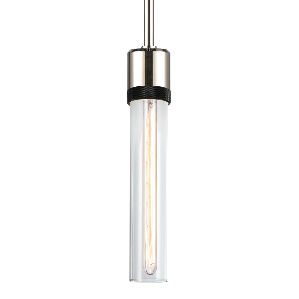 3" E26 Cylindrical Pendant Light, 12" Clear Glass and Polished Nickel with Black Finish