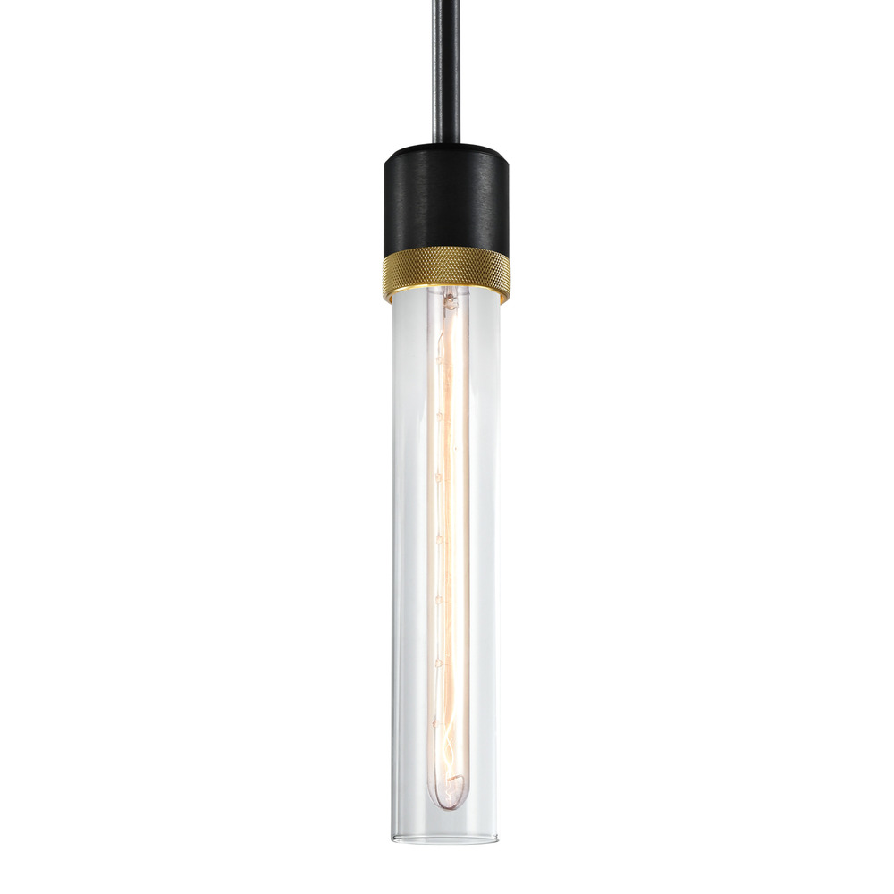 3" E26 Cylindrical Pendant Light, 12" Clear Glass and Satin Brushed Black with Brass Finish