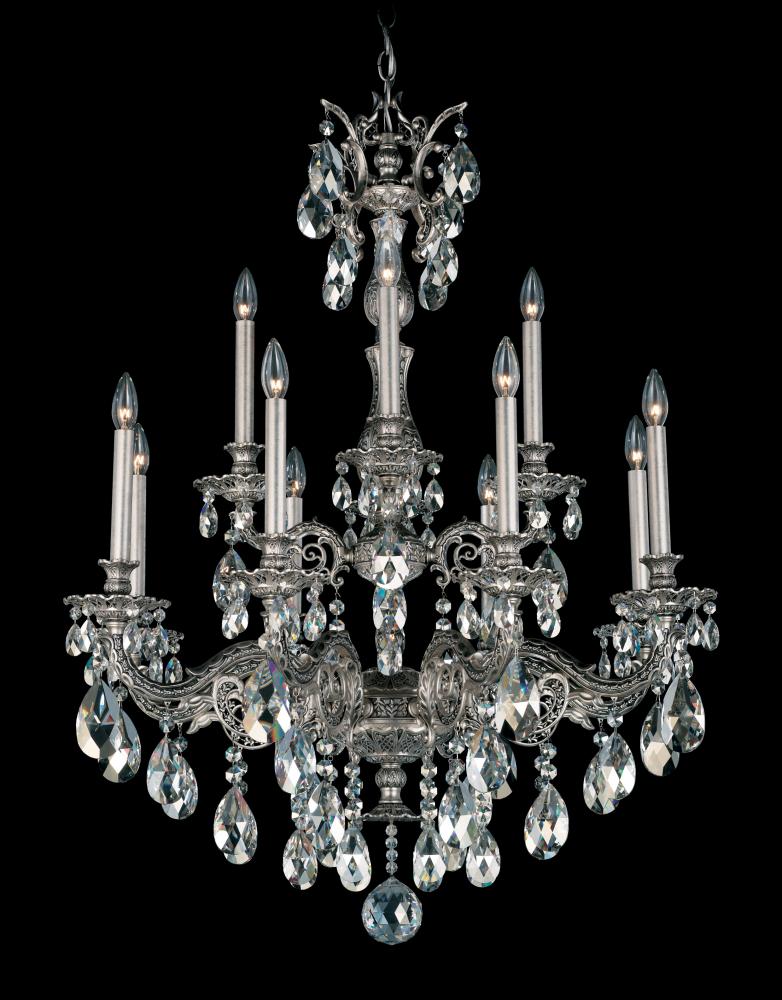 Milano 12 Light 120V Chandelier in Antique Silver with Heritage Handcut Crystal