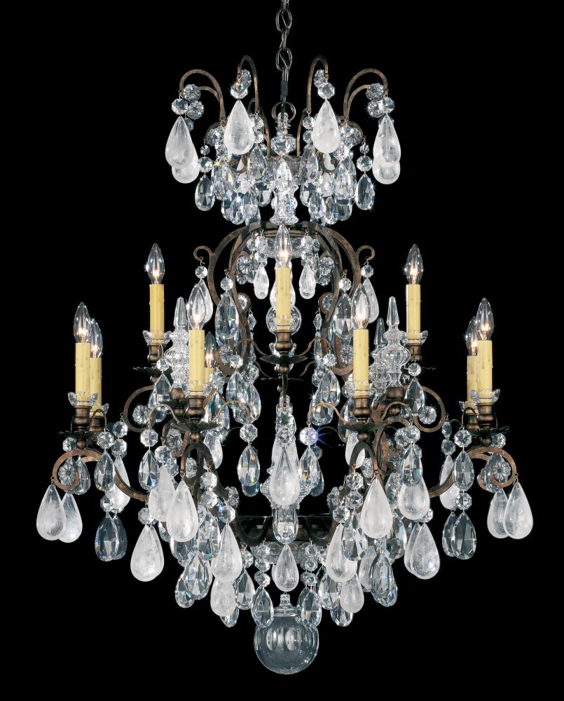 Renaissance Rock Crystal 13 Light 120V Chandelier in French Gold with Olivine & Smoke Quartz Cryst