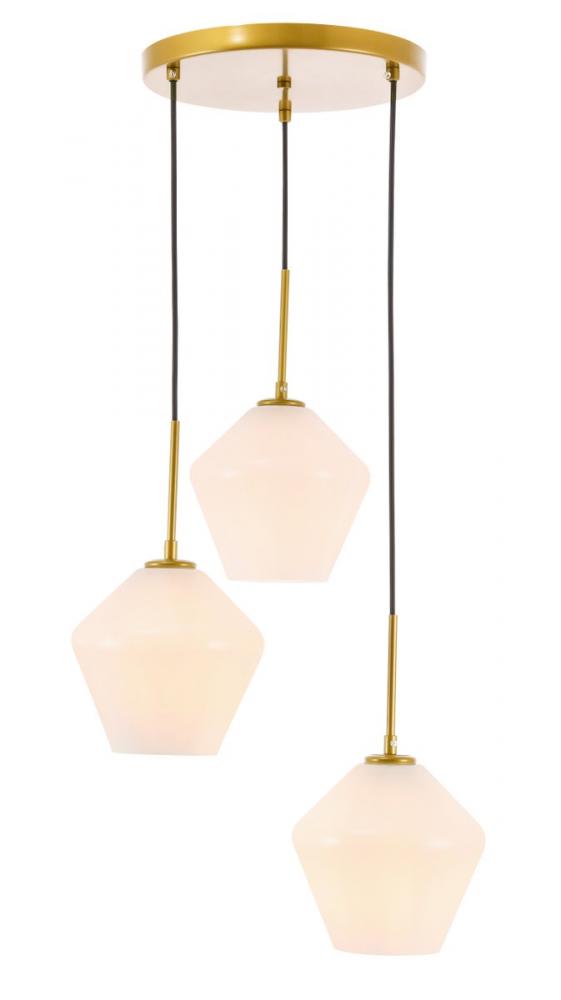 Gene 3 Light Brass and Frosted White Glass Pendant